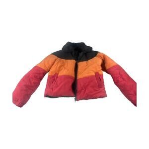 Shein Colorblock Puffer Jacket Black Orange Red Faux Fur Collar Women's